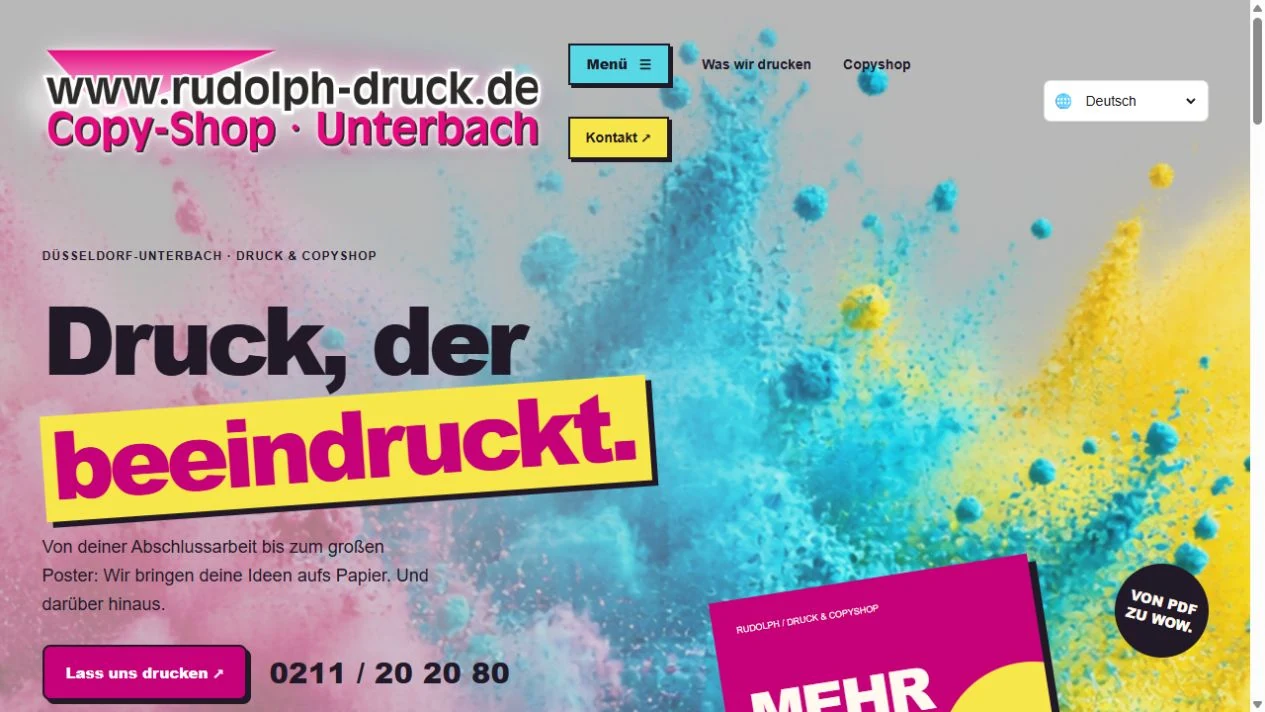 Startseite von Copyshop Düsseldorf mit farbigem Druckmotiv