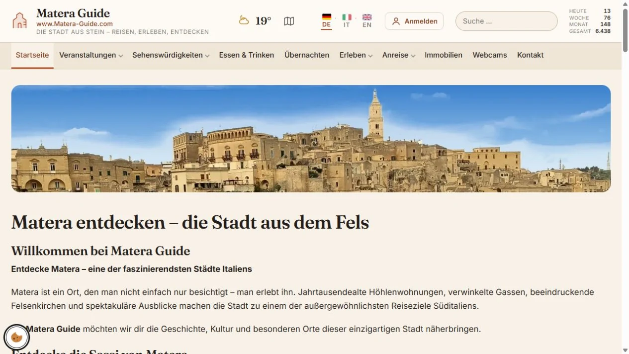 Startseite von Matera Guide mit Panorama der Sassi