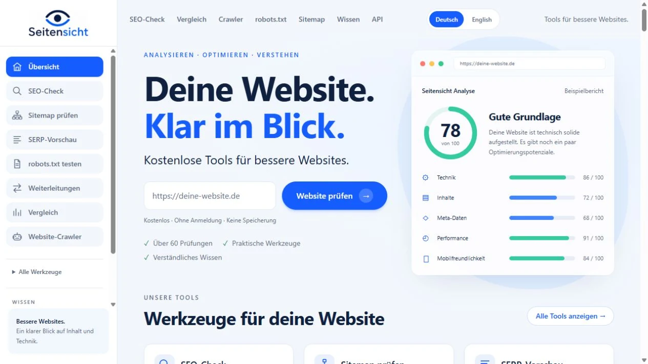Startseite von Seitensicht mit kostenlosem SEO-Check
